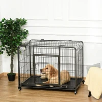 PawHut Gaiola de metal dobrável para cães com rodas e freios Bandeja removível e porta com travas  109,5x71x78 cm Cinza escuro(m-9)