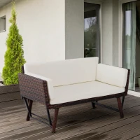 Outsunny Sofá de 2 Lugares Vime Sintético Convertível em Cama Sofá de Jardim Exterior com Almofada Mobiliário Pátio Terraço 129x63x67 cm Marrom e Bege(m-2)