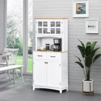 HOMCOM Coastal Style Kitchen Buffet and Hutch Wooden Storage Cabinet with Framed Glass Door, Drawers Microwave Space for Dining Room, Living Room, White(m-11)