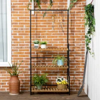 Outsunny Suport de flori cu 3 niveluri cu carlige din lemn de brad si metal pentru interior si exterior, 80x36x174 cm, culoare negru si lemn(m-7)