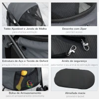 PawHut Carrinho para Animais de Estimação Dobrável com Janela de Malha Almofada Lavável Arnês de Segurança 82x47x97cm Cinza(m-7)