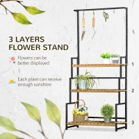 Outsunny Suport de flori cu 3 niveluri cu carlige din lemn de brad si metal pentru interior si exterior, 80x36x174 cm, culoare negru si lemn(m-4)