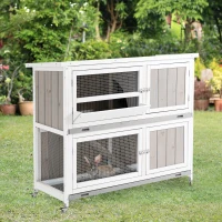 PawHut Wooden Rabbit Hutch Two-Tier Guinea Pig Cage Elevated Multi-Door Pet House Bunny Cage w/ Rain Cover, Wheels, Trough, Ramp, Slide-Out Tray  - Grey(m-2)