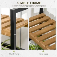 Outsunny Suport de flori cu 3 niveluri cu carlige din lemn de brad si metal pentru interior si exterior, 80x36x174 cm, culoare negru si lemn(m-6)