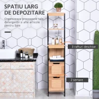 Kleankin Dulap de baie cu 2 sertare si 3 compartimente deschise, mobilier baie din lemn MDF si bambus 30x30x144,3 cm, culoare lemnului(m-4)
