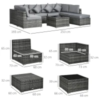 Outsunny 8 Pieces PE Rattan Corner Sofa Set, Outdoor Garden Furniture Set, Patio Wicker Sofa Seater w/ Cushion, Washable Cushion Cover & Tempered Glass Table, Grey(m-3)