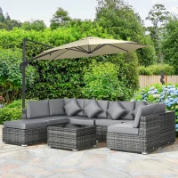 Outsunny 8 Pieces PE Rattan Corner Sofa Set, Outdoor Garden Furniture Set, Patio Wicker Sofa Seater w/ Cushion, Washable Cushion Cover & Tempered Glass Table, Grey(m-10)