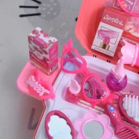 HOMCOM Maleta de beleza para meninas acima de 3 anos Brinquedo de cabeleireiro projeto 3 em 1 mochila mesa com espaço de armazenamento 30x28x30 cm rosa(m-5)