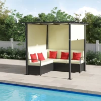 Outsunny Mobilier de Terasa Impletit, Set de Canapele de exterior din Ratan PE cu Pergola copertina plianta, Copertina pentru punte, piscina, gradina, terasa, bej(m-2)