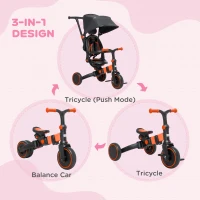 AIYAPLAY Tricicleta 3 in 1 pentru copii, Tricicleta pentru copii cu maner de impins reglabil, suport detasabil pentru picioare pentru 18-48 de luni, rosu(m-4)