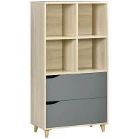 HOMCOM Biblioteca moderna din PAL si MDF cu 2 sertare si 4 rafturi deschise pentru sufragerie, birou si dormitor, 70,2x35x130 cm, culoare lemn si gri(m-1)