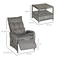 Outsunny 2 Seater Patio Wicker Chaise Lounge Sofa Set with Fabric Cushion, Grey(m-3)