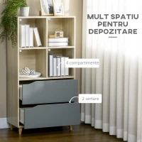 HOMCOM Biblioteca moderna din PAL si MDF cu 2 sertare si 4 rafturi deschise pentru sufragerie, birou si dormitor, 70,2x35x130 cm, culoare lemn si gri(m-5)