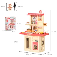 HOMCOM Kinderküche Spielzeugküche mit Zubehör Spielküche Küchenspielzeug mit Nebelbildung Wasserspray Lichter Musikfunktionen Spielzeugset für 3–6 Jahre PP-Kunststoff Rosa+Beige 60 x 27 x 84 cm(m-3)
