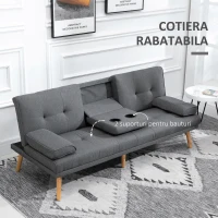 HOMCOM Canapea extensibilă cu 3 locuri, 2 cotiere detașabile și covoraș antiderapant, imitație in și lemn de plop, 181x77x78cm, gri închis(m-7)