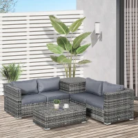 Outsunny 6PC Rattan Corner Sofa Set Wicker 4 Seater Garden Storage Coffee Table Conversation Ottoman Outdoor Weave Furniture w/ Cushion Grey(m-11)