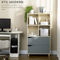 HOMCOM Biblioteca moderna din PAL si MDF cu 2 sertare si 4 rafturi deschise pentru sufragerie, birou si dormitor, 70,2x35x130 cm, culoare lemn si gri(m-4)