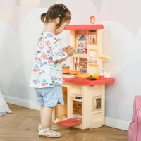 HOMCOM Kinderküche Spielzeugküche mit Zubehör Spielküche Küchenspielzeug mit Nebelbildung Wasserspray Lichter Musikfunktionen Spielzeugset für 3–6 Jahre PP-Kunststoff Rosa+Beige 60 x 27 x 84 cm(m-2)