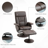 HOMCOM Scaun rabatabil si otoman cu baza infasurata, scaun pivotant din piele PU cu suport pentru picioare pentru sufragerie, dormitor si birou, maro(m-7)
