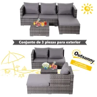 Outsunny Conjunto de sofá de vime de 3 peças com chaise longue e mesa de centro Encosto ajustável em altura amplo espaço de armazenamento cinza(m-5)