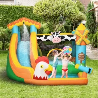Outsunny 5 in 1 Kids Bouncy Castle Farm Style Inflatable House with Slide Trampoline Pool Water Cannon Climbing Wall with Inflator Carrybag, 3.5 x 2.75 x 2.2m(m-10)