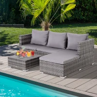Outsunny Conjunto de sofá de vime de 3 peças com chaise longue e mesa de centro Encosto ajustável em altura amplo espaço de armazenamento cinza(m-2)