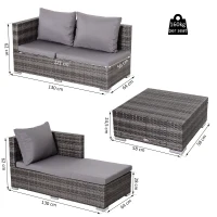 Outsunny Conjunto de sofá de vime de 3 peças com chaise longue e mesa de centro Encosto ajustável em altura amplo espaço de armazenamento cinza(m-3)
