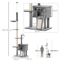 PawHut Árvore Arranhador para Gatos para Fixar ao Teto Altura Ajustável 238-270cm com Rede Caverna Rampa Bola pendurada 60x40x270cm Cinza Claro(m-3)