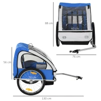 HOMCOM Kinderanhänger Kinderfahrrad geeignet für 2 Kinder, Stahlrahmen, Sitzträger mit Sicherheitsgurt, für Kinder ab 18 Monaten, Oxford-Gewebe, Stahl, 130x76x88 cm, Blau+Weiß(m-3)