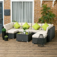 Outsunny 8 Pieces PE Rattan Corner Sofa Set, Outdoor Garden Furniture Set, Patio Wicker Sofa Seater w/ Cushion, Washable Cushion Cover & Tempered Glass Table, Black(m-2)