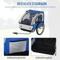 HOMCOM Kinderanhänger Kinderfahrrad geeignet für 2 Kinder, Stahlrahmen, Sitzträger mit Sicherheitsgurt, für Kinder ab 18 Monaten, Oxford-Gewebe, Stahl, 130x76x88 cm, Blau+Weiß(m-6)