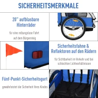 HOMCOM Kinderanhänger Kinderfahrrad geeignet für 2 Kinder, Stahlrahmen, Sitzträger mit Sicherheitsgurt, für Kinder ab 18 Monaten, Oxford-Gewebe, Stahl, 130x76x88 cm, Blau+Weiß(m-5)
