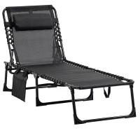 Outsunny Portable Sun Lounger, Folding Camping Bed Cot, Reclining Lounge Chair 5-position Adjustable Backrest with Side Pocket, Pillow for Patio Garden Beach Pool, Black(m-1)
