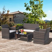 Outsunny 4 Pieces PE Rattan Garden Sofa Set with Cushions, Outdoor Patio Wicker Weave Conservatory Furniture Set with a Loveseat, 2 Armchairs and a Glass Top Coffee Table, Mixed Brown(m-10)