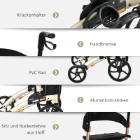 HOMCOM Rollator mit Stuhl Faltbarer Gehwagen Gehhilfe für Senioren mit 4 Rädern Stauraum Bremse höhenverstellbar Leichtgewicht Aluminium Gold+Grau 67 x 64 x 80-92 cm(m-5)