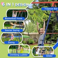 Outsunny 6 in 1 Metal Garden Swing Set, Kids Swing with Double Swings, Climbing Frame, Glider, Trapeze Bar, Basketball Hoop(m-4)