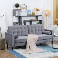 HOMCOM 3-Sitzer-Sofa im Retrodesign inkl. Kissen, Knopfheftung, Lattenrost, Samtoptik, Grau(m-2)