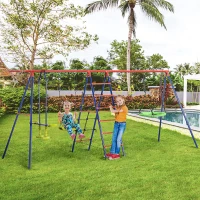 Outsunny 6 in 1 Metal Garden Swing Set, Kids Swing with Double Swings, Climbing Frame, Glider, Trapeze Bar, Basketball Hoop(m-10)