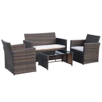 Outsunny 4 Pieces PE Rattan Garden Sofa Set with Cushions, Outdoor Patio Wicker Weave Conservatory Furniture Set with a Loveseat, 2 Armchairs and a Glass Top Coffee Table, Mixed Brown(m-1)
