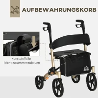 HOMCOM Rollator mit Stuhl Faltbarer Gehwagen Gehhilfe für Senioren mit 4 Rädern Stauraum Bremse höhenverstellbar Leichtgewicht Aluminium Gold+Grau 67 x 64 x 80-92 cm(m-7)