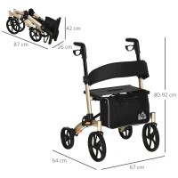 HOMCOM Rollator mit Stuhl Faltbarer Gehwagen Gehhilfe für Senioren mit 4 Rädern Stauraum Bremse höhenverstellbar Leichtgewicht Aluminium Gold+Grau 67 x 64 x 80-92 cm(m-3)