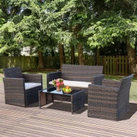 Outsunny 4 Pieces PE Rattan Garden Sofa Set with Cushions, Outdoor Patio Wicker Weave Conservatory Furniture Set with a Loveseat, 2 Armchairs and a Glass Top Coffee Table, Mixed Brown(m-2)