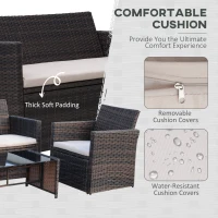 Outsunny 4 Pieces PE Rattan Garden Sofa Set with Cushions, Outdoor Patio Wicker Weave Conservatory Furniture Set with a Loveseat, 2 Armchairs and a Glass Top Coffee Table, Mixed Brown(m-5)