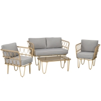 Outsunny Set canapea din ratan PE din 4 piese, Seturi de mobilier de conversatie pentru gradina impletite, cu impletitura rotunda, cu perne groase capitonate si masuta cu sticla pentru balcon