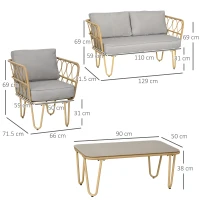 Outsunny Set canapea din ratan PE din 4 piese, Seturi de mobilier de conversatie pentru gradina impletite, cu impletitura rotunda, cu perne groase capitonate si masuta cu sticla pentru balcon(m-3)