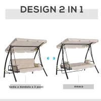 Outsunny Dondolo da Giardino 3 Posti con Tetto Reclinabile Trasformabile Letto in Poliestere Crema 209 x 114 x 170cm(m-4)