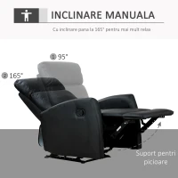HOMCOM Fotoliu Relax Rabatabil Ergonomic Piele Sintetica 65 × 92 × 100cm, Negru(m-4)