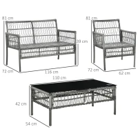 Outsunny Ensemble salon de jardin 4 pièces canapé 2 places 2 fauteuils 1 table basse avec 8 coussins métal résine aspect rotin(m-3)