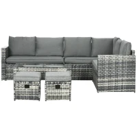 Outsunny 6 Piece Rattan Garden Furniture Set, 8-Seater Outdoor Sofa Sectional with 3 Cushioned Loveseat  2 Footstools Table Grey(m-11)