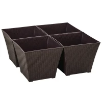 Outsunny Outdoor Planter Pack of 4, Rattan Effect Plant Pots Indoor Stackable Design, for Garden Patio Porch Deck, Brown(m-11)